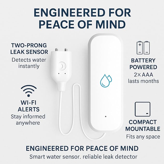 Water Pal Smart WiFi Water Leak Detector, Battery-Powered Leak Sensor with SMS and Email Alerts, No Hub or Subscription Required, Probe for Basement, Laundry, Sink, Water Heater