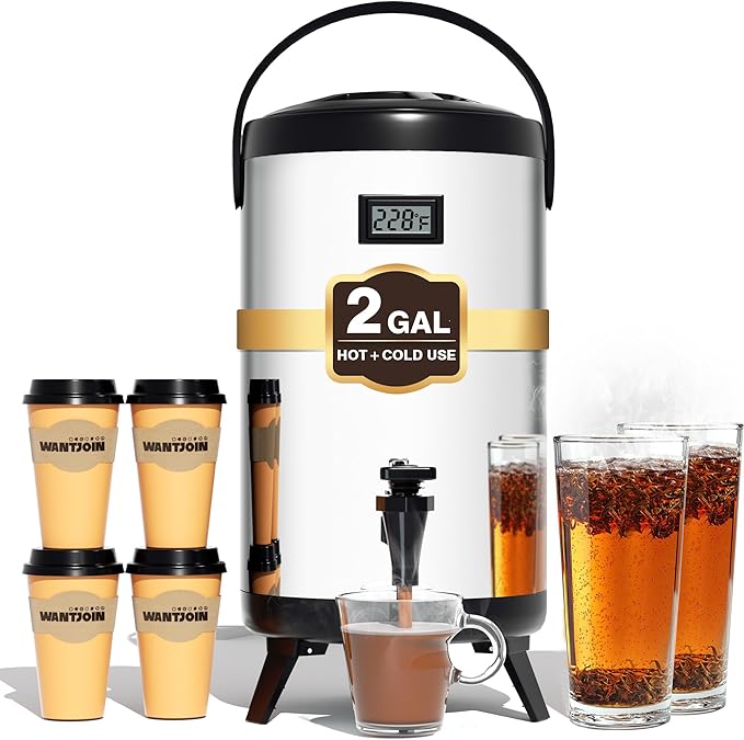 WantJoin Insulated Beverage Dispenser-55 Cup Hot&Cold water Urn for Catering-Stainless Steel Premium 8 L/2 Gallon Hot Drink Dispenser with Spigot for Coffee & Hot tea,Cold Milk,Water,Juice(Silver)
