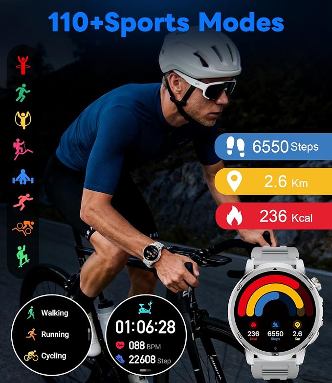 Military Smart Watch for Men Answer/Make Call, 1.85'' HD Rugged Smartwatch with 1000mAh Battery/Flashlight/Heart Rate/110+ Sports Mode, IP68 Waterproof Fitness Tracker Watch for Android iPhone