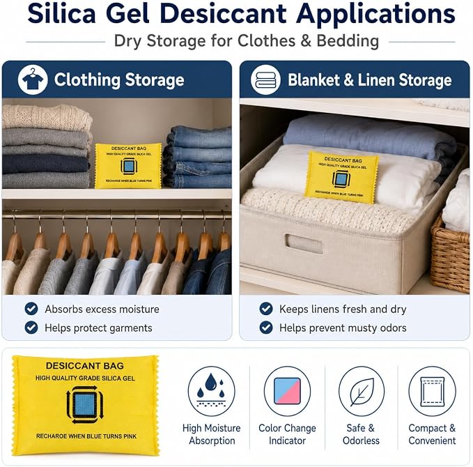 Silica Gel Packets 12 Packets - CARGEN Moisture Absorber, Rechargeable Desiccant Packs, Desiccant Packs for Storage,Reusable & Color Change,100g