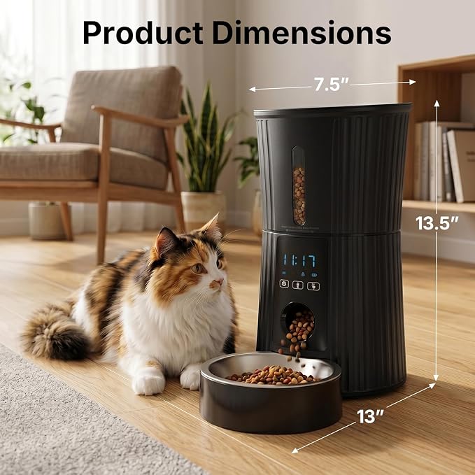 NEWBULIG 4L Automatic Cat Feeder with APP Control, 2.4G WiFi Timed Pet Feeders for Dry Food, 10 Meals/Day, 50 Portions/Meal, Dog Food Dispenser with 10s Voice Recorder, Dual Power Supply, Black