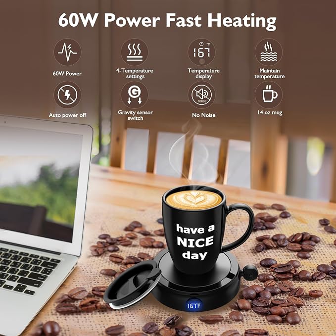 Coffee Mug Warmer & Mug Set, 60W Coffee Cup Warmer for Desk Home Office Use with 4-Temperature Settings, Auto On/Off Gravity-Induction, 14Oz Mug, Great Coffee Gift on Christmas/Birthday, 2025 Upgrade