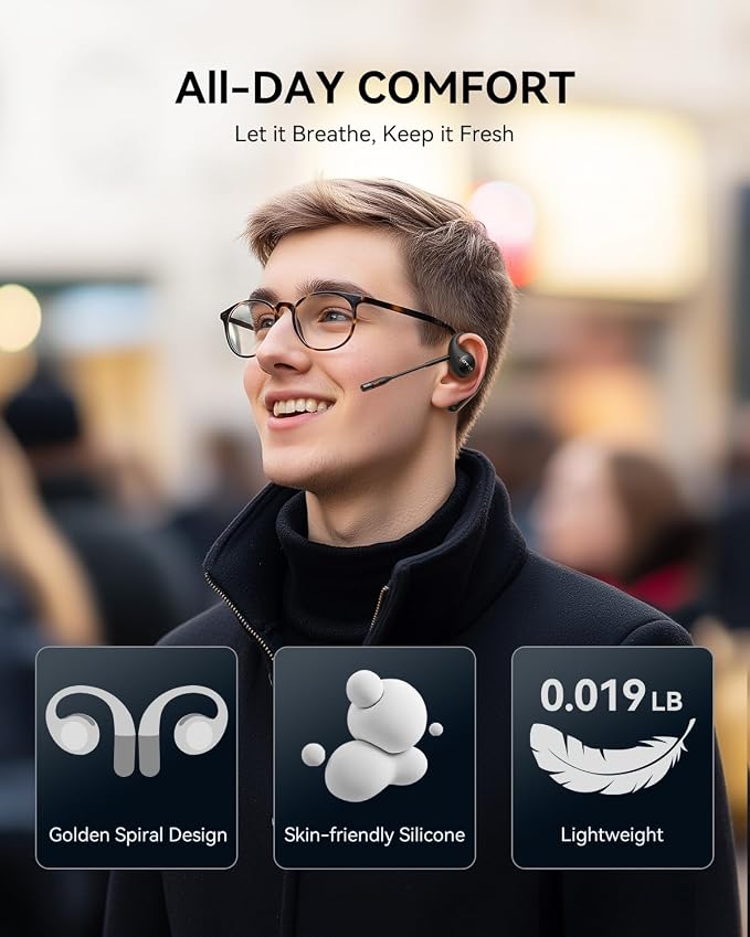 EMEET Airflow Open Ear Headphones with Mic, Zoom Certified, True Wireless Headsets with Detachable Microphone, ENC+VoiceCore 2.0 Noise Cancelling, Bluetooth 5.3, Multi-Point, Wireless Earbuds for Work