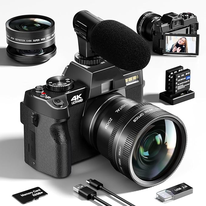4K Digital Cameras for Photography 48MP Video Vlogging Camera for YouTube with 3" 180° Flip Screen WiFi, 16X Digital Zoom Cameras with 32GB TF Card Wide-Angle & Macro Lens (Light Black)