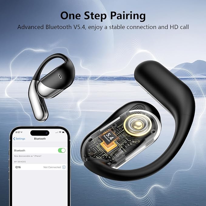 Open Ear Clip Wireless Earbuds Bone Conduction Headphones,Built-in Mic,LED Display Over Ear Hooks Ear Buds Ultra-Comfort Earphones Bluetooth Design for Running,Fitness,Office,Workout