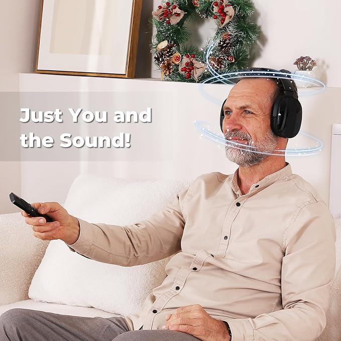 Wireless Headphones for TV with 2.4GHz RF Transmitter Charging Holder, Personal Volume, Plug and Play, 100FT, Bluetooth TV Headphones Wireless for Seniors, No Delay, Support OPT/RCA/AUX, Black, DB100