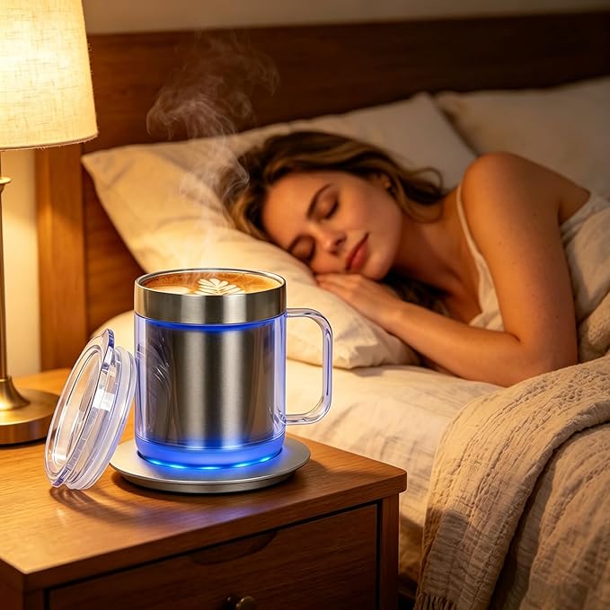 12oz Self Heating Coffee Mug, Electric Heated Coffee Cup with USB Charging Base, Temperature Control Stainless Steel Mug Warmer Set for Desk and Office (Silver Classic-12oz)