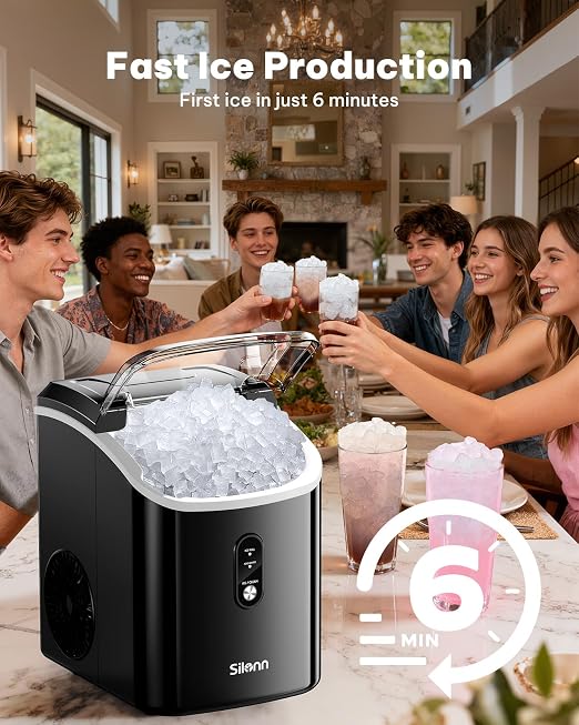 Silonn Nugget Ice Makers Countertop, 38lbs/24H Chewable Pellet Ice Machine with Self Cleaning Function, Portable Pebble Ice Maker with Ice Scoop for Home Kitchen Office, Black