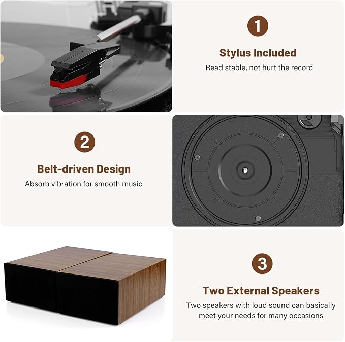 Vinyl Record Player with Dual Stereo Bookshelf Speakers Vintage Belt Drive Bluetooth Turntable with External Speakers,Convert Vinyl to MP3,LP Players AUX Headphone Input RCA Out