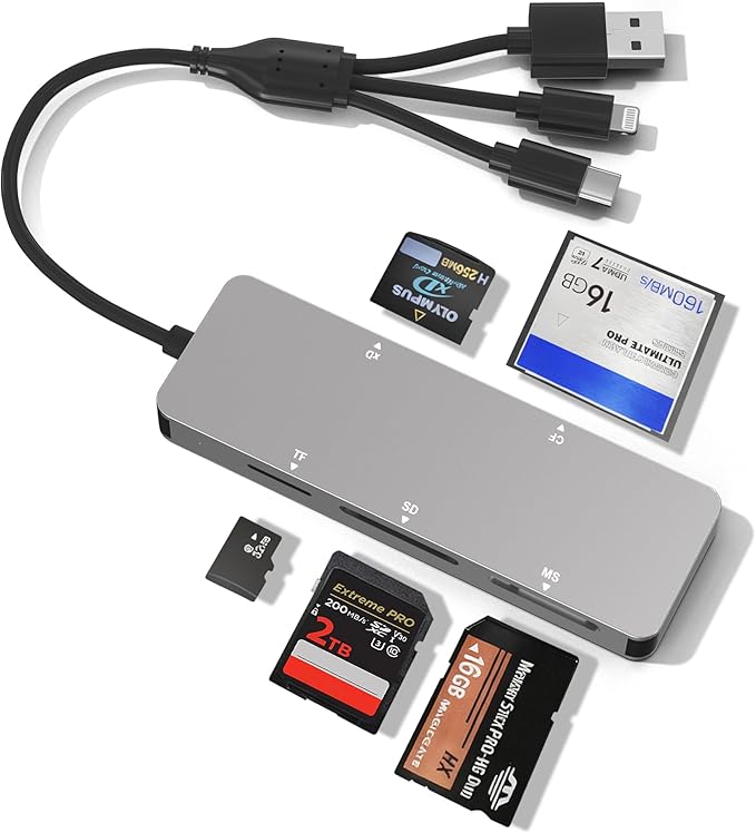 Memory Stick Pro Duo Reader for Lexar/Sony/Fuji - 5in3 Aluminum OTG Adapter for Memory Stick Pro Duo/XD/Compact Flash/SD/Micro SD Cards, Lightning USB C USB A Multi Card Reader for Camera/GoPro/Drone