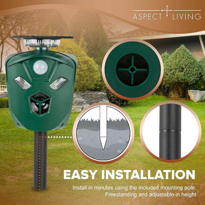Solar & USB Powered Ultrasonic Animal Repeller, 360° Outdoor Motion-Activated Deterrent with 3 PIR Sensors & Flashing LED Lights, Waterproof Pest Repellent for Yard & Garden