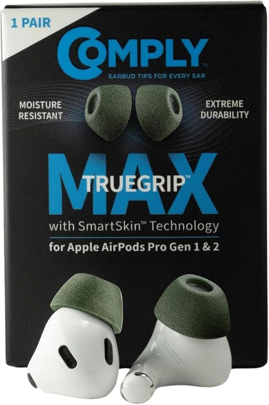 Comply TrueGrip MAX | Premium Memory Foam Replacement Earbud Tips for Apple AirPods Pro 1 & 2 | Long Lasting Comfort, MAX Durability, Secure Fit, Superior Noise Isolation| Green (Small) (1 Pair)