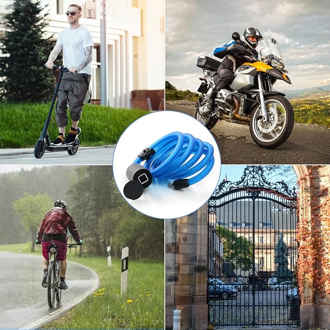 Bike Lock Keyless Combination Cable Lock eLinkSmart: Blue Waterproof Cable Lock 150cm Long Steel for Bicycle Scooter Motorcycle Door Fence Gate - Fingerprint Unlock via Phone App iOS Watch