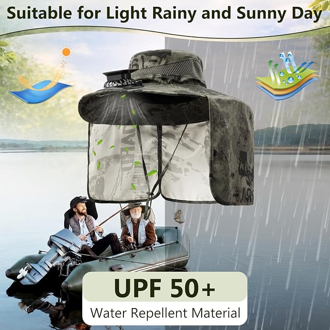 Maiteenly 2 Pcs Solar Fan Hat for Men with Neck Flap Bucket Fan Buit in Hats for Hiking Fishing Outdoor USB and Solar Powered