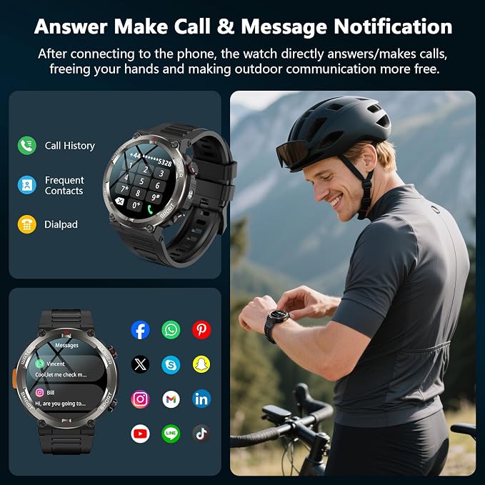 IOWODO Military Smart Watch for Men -100-Day Long Battery Life,Fitness Tracker with LED Flashlight/Compass,Heart Rate Monitor,120+ Sports Modes,IP68 Waterproof,Bluetooth Call Smartwatch for iOSAndroid