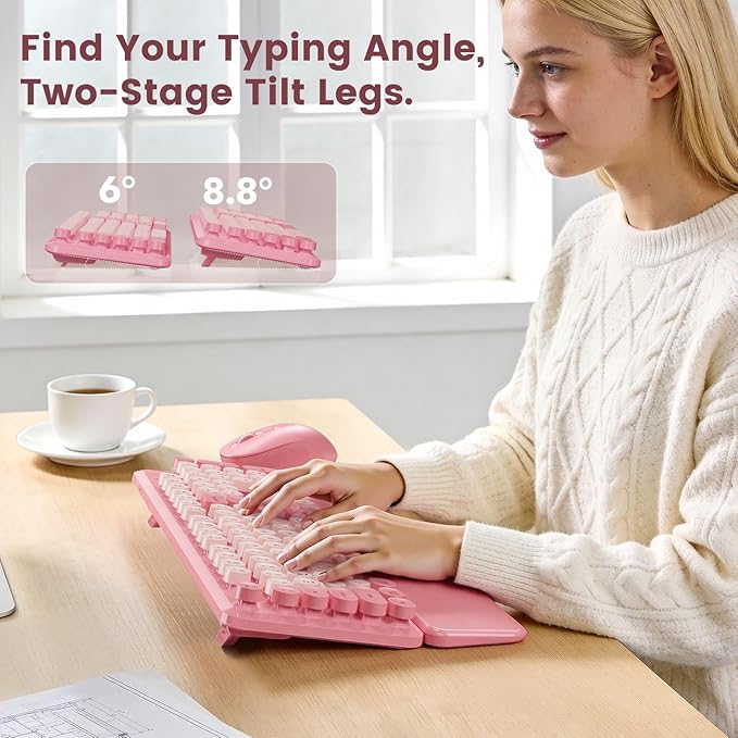 Wireless Keyboard and Mouse Combo with Magnetic Wrist Rest, Round Keycaps, Full-Size Retro Typewriter-Style, Two-Stage Tilt Legs, Auto-Sleep, 2.4G Wireless for Windows Mac Laptop PC, Soft Blush Pink