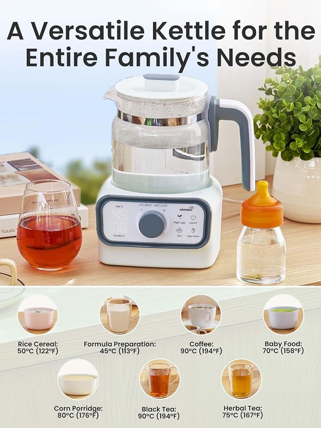 GROWNSY Baby Instant Warmer, Glass Water Boiler with Accurate Temperature Control for Formula, Coffee and Tea, 1.2 Liter Electric Kettle with LCD Display and Timer