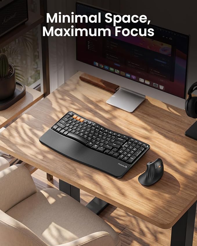 ProtoArc EKM02 Wave Keys Ergonomic Wireless Keyboard and Mouse, Bluetooth Keyboard with EM11 NL Ergonomic Vertical Mouse, Cushioned Palm Rest, Multi-Device, Rechargeable, for Windows, Mac - Black