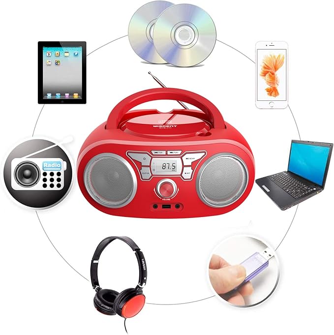 Portable CD Player Boombox with Bluetooth, FM Radio, USB Input, 3.5mm AUX and Headphone Jack, Clear Stereo Sound