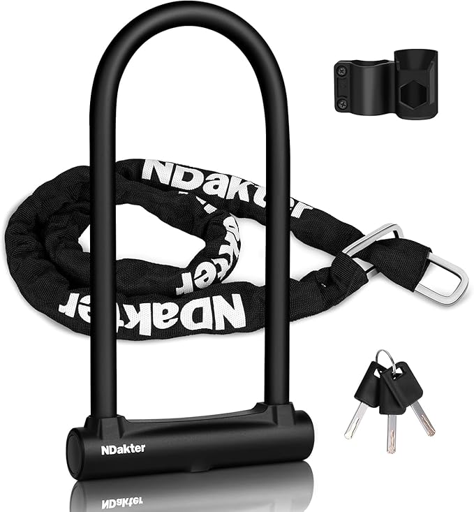 NDakter Bike Locks, 17mm Heavy Duty Anti Theft, Bike U Lock with 4FT Chain and Bracket, Electric Bicycle Lock for Scooter, 3 Keys Motorcycle Wheel Lock for Ebike, Moped, Tricycle