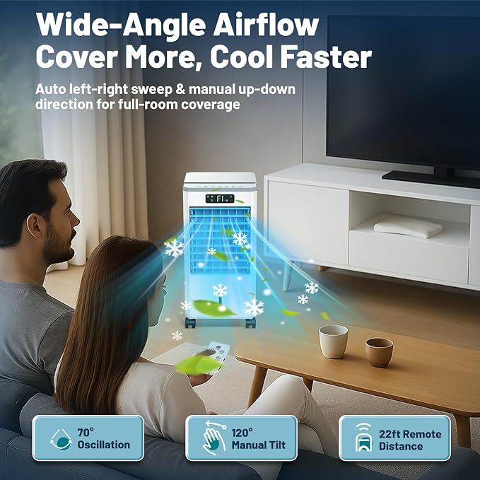 Portable Evaporative Air Cooler, Quiet Windowless Swamp Cooler with 4 Ice Packs, 2 Gallon Water Tank, Remote Control, 4 Modes & 3 Speeds, Oscillating Cooling Fan for Bedroom, Living Room and Office