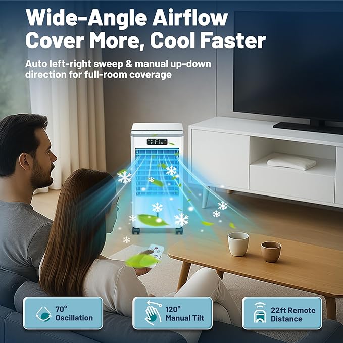 Portable Evaporative Air Cooler with Remote Control, Quiet Windowless Swamp Cooler, Oscillating Cooling Fan, 4 Modes & 3 Speeds for Bedroom, Office, Living Room and Small Spaces (White)