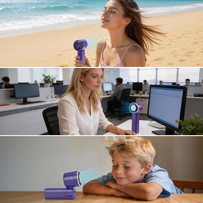Foldable Handheld Fan with Ice Cooling - 4 Speed Rechargeable Mini Portable Fan, Ultra-Lightweight Personal Air Cooler for Desk, Travel and Makeup, Purple