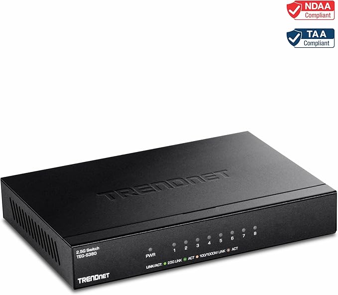 TRENDnet 8-Port 2.5Gb Multi-Gigabit Unmanaged Gaming Switch, TEG-S380, 8 x 2.5GBASE-T Ports, 25Gbps Switching Capacity, Ethernet Splitter, NDAA & TAA Compliant, Fanless, Lifetime Protection, Black