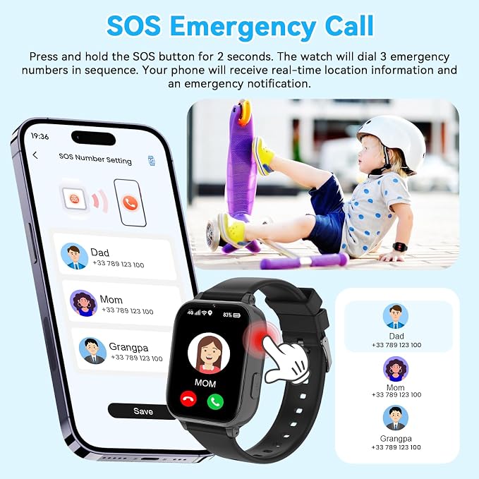 4G Kids Smart Watch Phone GPS, Smartwatch for Boys Girls Ages 4-12 Years with Video Call Chat Class Mode SOS Camera Alarm Games Parental App Touch Watch Gifts for Children (Includes SIM Card) Grey