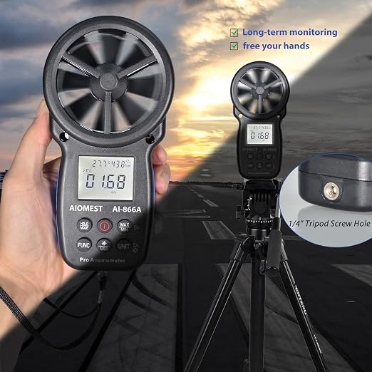 HVAC CFM Anemometer, AIOMEST Handheld Air Flow Meter Measuring Wind Speed/Airflow Velocity, Test Air Volume,Temperature, Humidity, Digital CFM Tester AI-866A with Real-Time USB Sync to PC