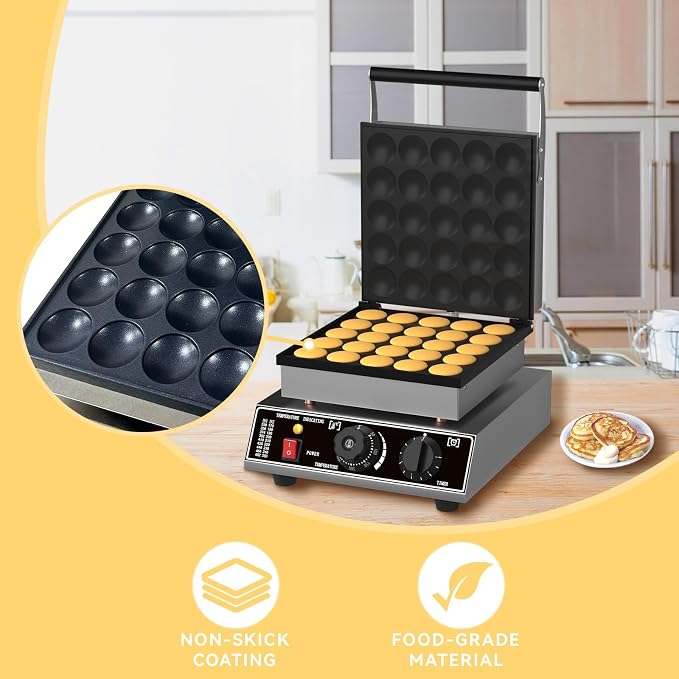 Commercial 25-Piece Mini Dutch Pancake Maker, 1750W Electric Non-Stick Griddle, Adjustable Temp & Timer, Even Heating, Stainless Steel, with Lid, Ideal for Poffertjes, Dorayaki, Restaurant & Home Use