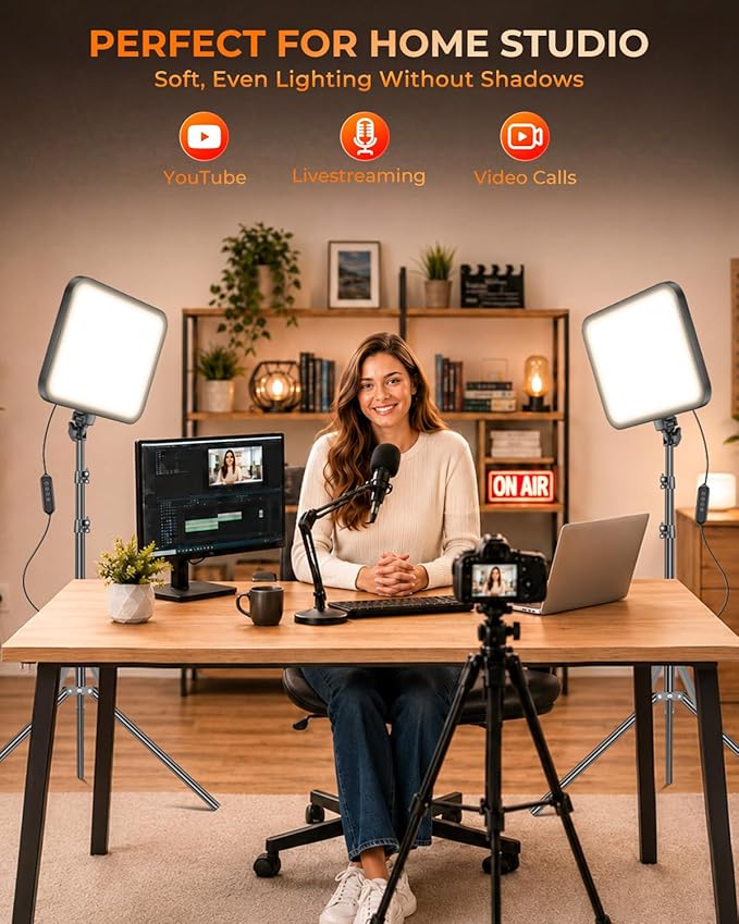 Torjim 12 Inch Video Light Kit for Creators, 30W High Brightness Studio Lights with Tripod Stand & Phone Holder, 3000-6500K Adjustable Photography Lighting for Clearer YouTube Streaming Home Studio
