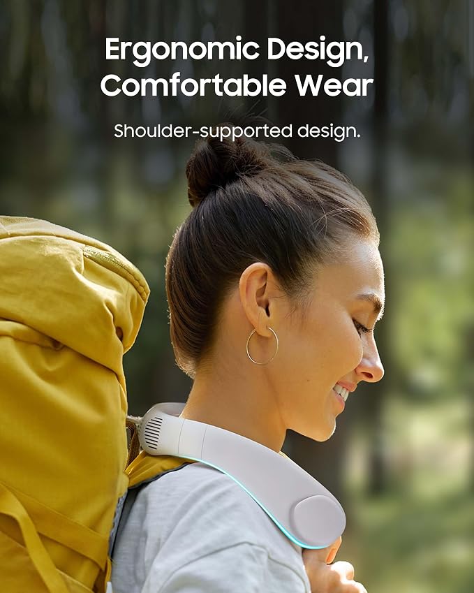 HIGO Neck Fan with Cooling Plate, Neck Air Conditioner, 2-in-1 Cooling Neck Fan Portable Rechargeable, Wearable Personal Fan, 4400mAh Large Battery, Ergonomic Design, White