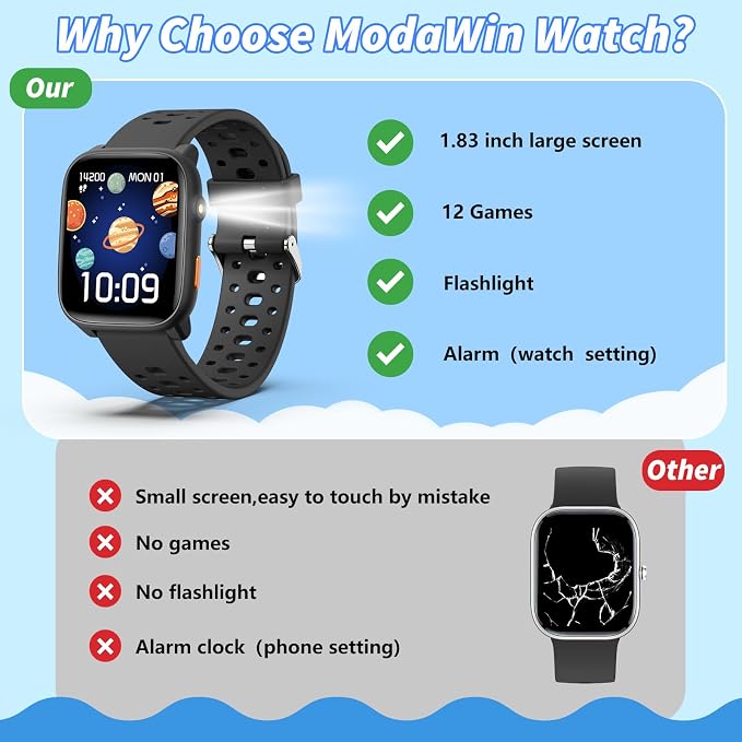 Kids Smart Watch with Puzzle Games, 1.83" Kids Watches Heart Rate, Sleep Monitor, Pedometer, Alarm Clock, Flashlight, Gift for 6-16 Year Old Boys Girls Toys (Black)