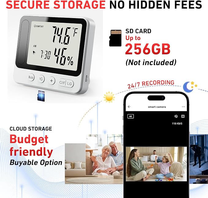 Hygrometer with Hidden Camera 4K WiFi Nanny Cam with Humidity and Tempreture Monitor, Motion Detection, Night Vision, Live View by Phone