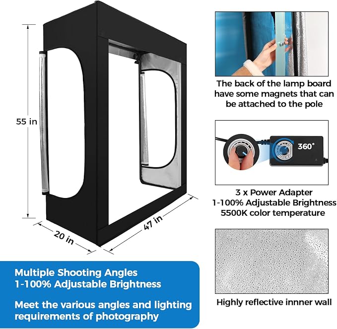 Photo Light Box, Portable 47"x20"x55" Photo Studio Light Box, Shooting Tent Kit with 576 Light Beads and 3 Color Backdrops. Large Lightbox with 6 Stepless Dimming Light Boards for Photography