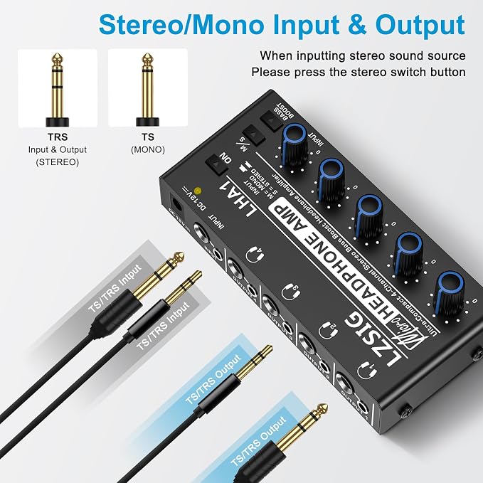 LZSIG Headphone Amplifier 4 Channel, Metal Stereo Audio Amplifier with Bass Boost, Mini Earphone Splitter with Power Adapter, 1/4" & 1/8" TRS Headphones Output & TRS Audio Input, DC 12V