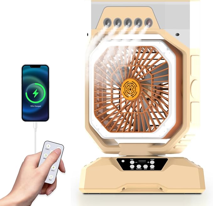 Weljoy Desk Fan 5 Sprayers Rechargeable Misting Fan for Camping & Home – 5 Speed Portable Cooling Fan with Mist 560ml Water Tank Aromatherapy Diffuser Timer 27000mAh Fast-Charging Battery(Biege)