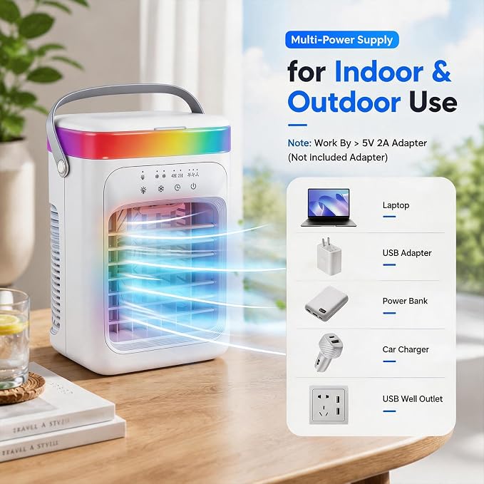 2026 New 4-in-1 Portable Air Conditioner, Sound ≤30dB Mini AC Unit, 12H Runtime, 1000ML Evaporative Air Cooler, 3 Speed & 2 Mist, Remote, USB, Timer, 7-Color LED for Bedroom Office Car - 1 PCS