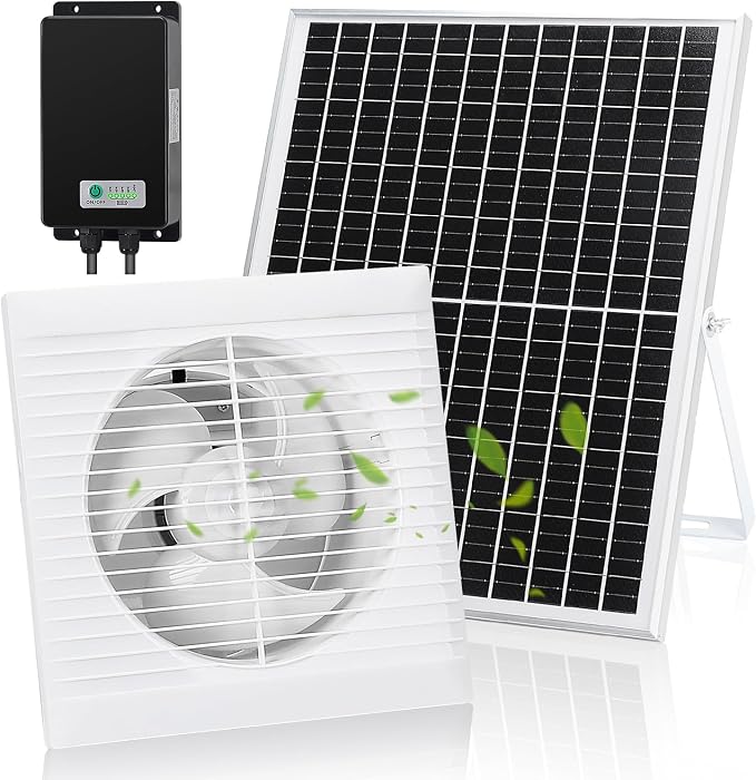 Fanspex Solar Exhaust Fan, Solar Powered Vent Fan Kit for Outside Greenhouse Shed Chicken Coop (8" Fan with Battery)