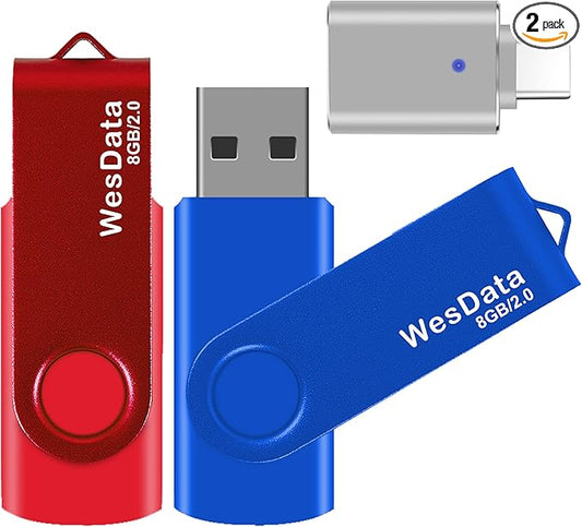 2 Pack 8GB USB 2.0 Flash Drive and 1 USB C Adapter, Thumb Drive USB Memory Stick Jump Drive, Compatible with OTG Type C Phones, Tablets, Laptop, PC (Blue, Red)