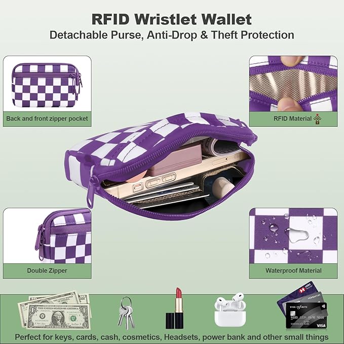 YFWE Clip and Go Strap for Phone with Wallet Crossbody, Adjustable Phone Lanyard with Detachable RFID Wristlet Wallet, Phone Strap with Phone Tabs for All Phones, Purple Checkered (M)