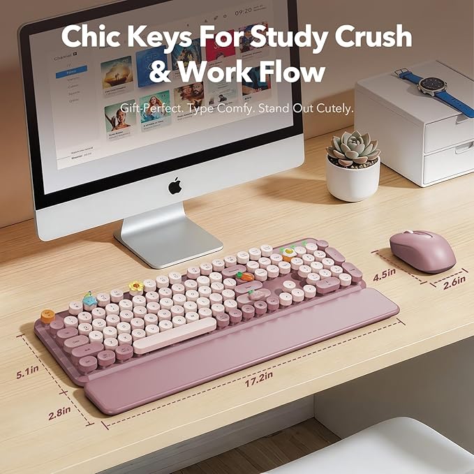 Wireless Keyboard and Mouse Combo, Full-Size Typewriter-Style Keyboard with Round Keycaps, Magnetic Wrist Rest, Tilt Legs, 2.4GHz Cordless for Mac, Windows PC, Laptop, SABLUTE CK23, Dusty Rose