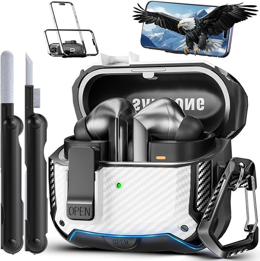 with Phone Stand for Samsung Galaxy Buds3 FE (2025) / Buds3 Pro (2024) / Buds 3 Case (2024),with Secure Lock Clip & Cleaning kit Full Body Shockproof Carbon Fiber Protection Design