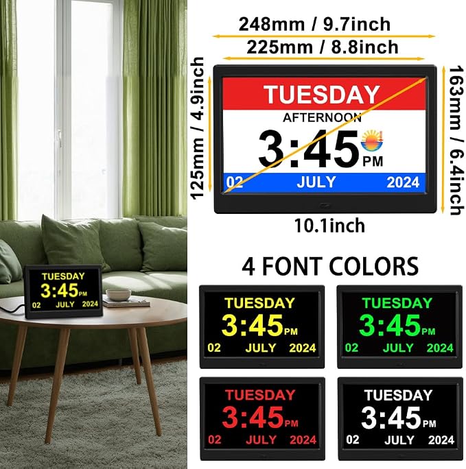 Alarm Clock with Day and Date for Elderly Digital Calendar Clock Photo Frame- Auto Dimmable Display 15 Alarm Options, Clock with Non-Abbreviated Day & Month (10.1 inch Black)