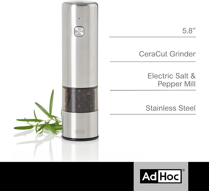 AdHoc Electric Salt & Pepper Grinder - One-Button Operation - Uses SilentDrive for Quiet Operation - Battery Powered - Mill with CeraCut Ceramic Grinders - Mini