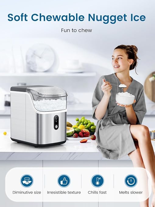COWSAR Nugget Ice Makers Countertop Soft Chewable Pellet Ice Machine with Auto-Cleaning Function, 34Lbs/24H, Portable Ice Makers for Kitchen, Office, Home