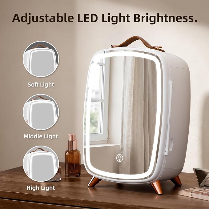 Antarctic Star 6L/8 Cans Makeup Mini Refrigerator with Dimmable LED Light Mirror for Bedroom, Car, Office & Dorm,Portable Small Cooler for Cosmetics,Skin Care,WHITE