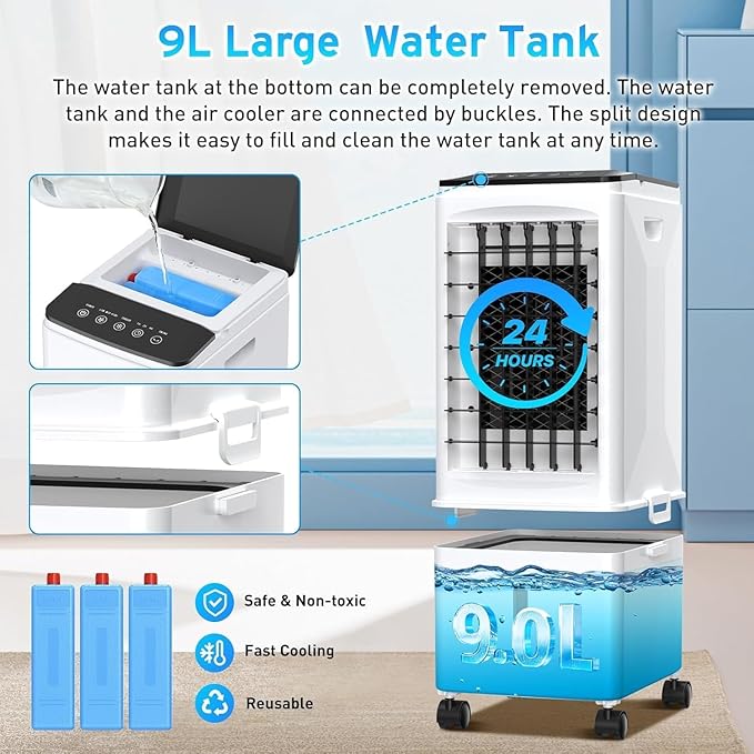 Portable Air Conditioners, [9.5L large Water Tank], 3-in-1 Evaporative Air Cooler for Room, Fast Cooling Portable AC Unit w/7H Timer/Remote, 3 Speeds, Quiet Swamp Cooler for Bedroom Office