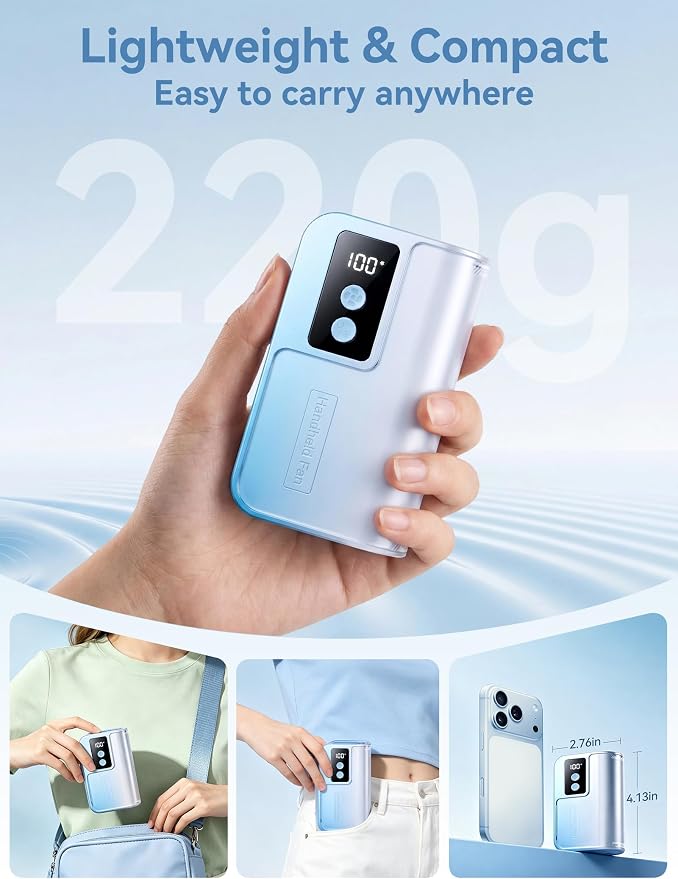 Sunoony Portable Handheld Fan with Ice Cooler, 4000mAh 100Levels Stepless Speed, 20H Long Battery Life, 20000RPM Turbo Fan Rechargeable Personal Mini Fan for Travel, Outdoor, Makeup (Blue)